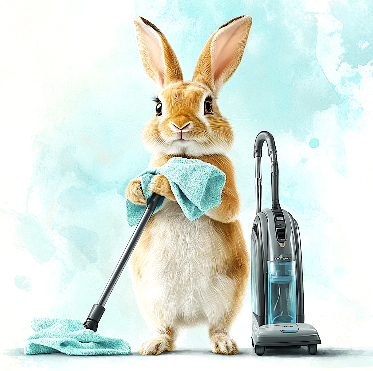 A golden bunny with an aqua cleaning cloth, mop and vacuum